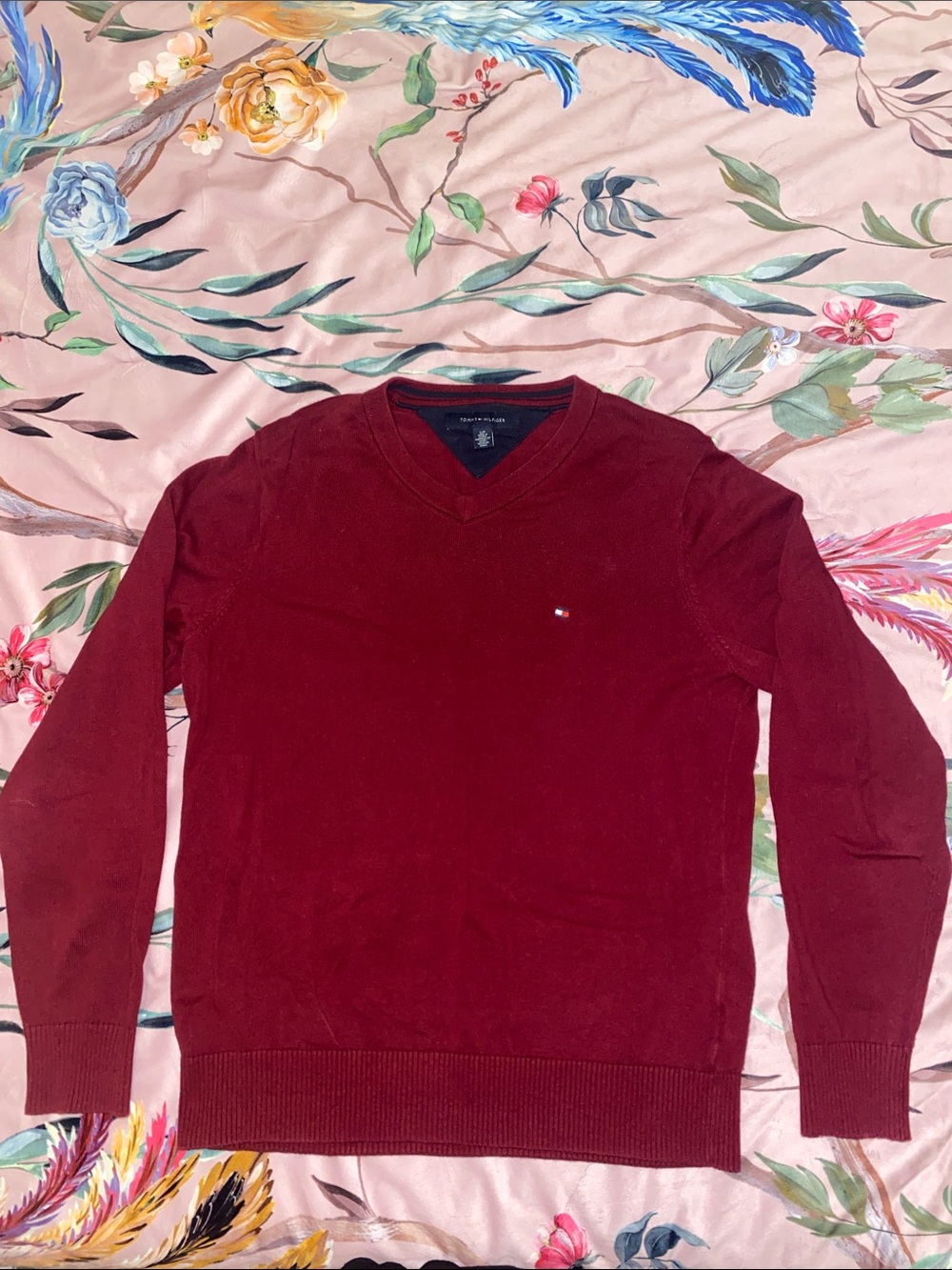 Tommy Hilfiger Men's V-Neck Sweater in Wine Red, 100% Cotton